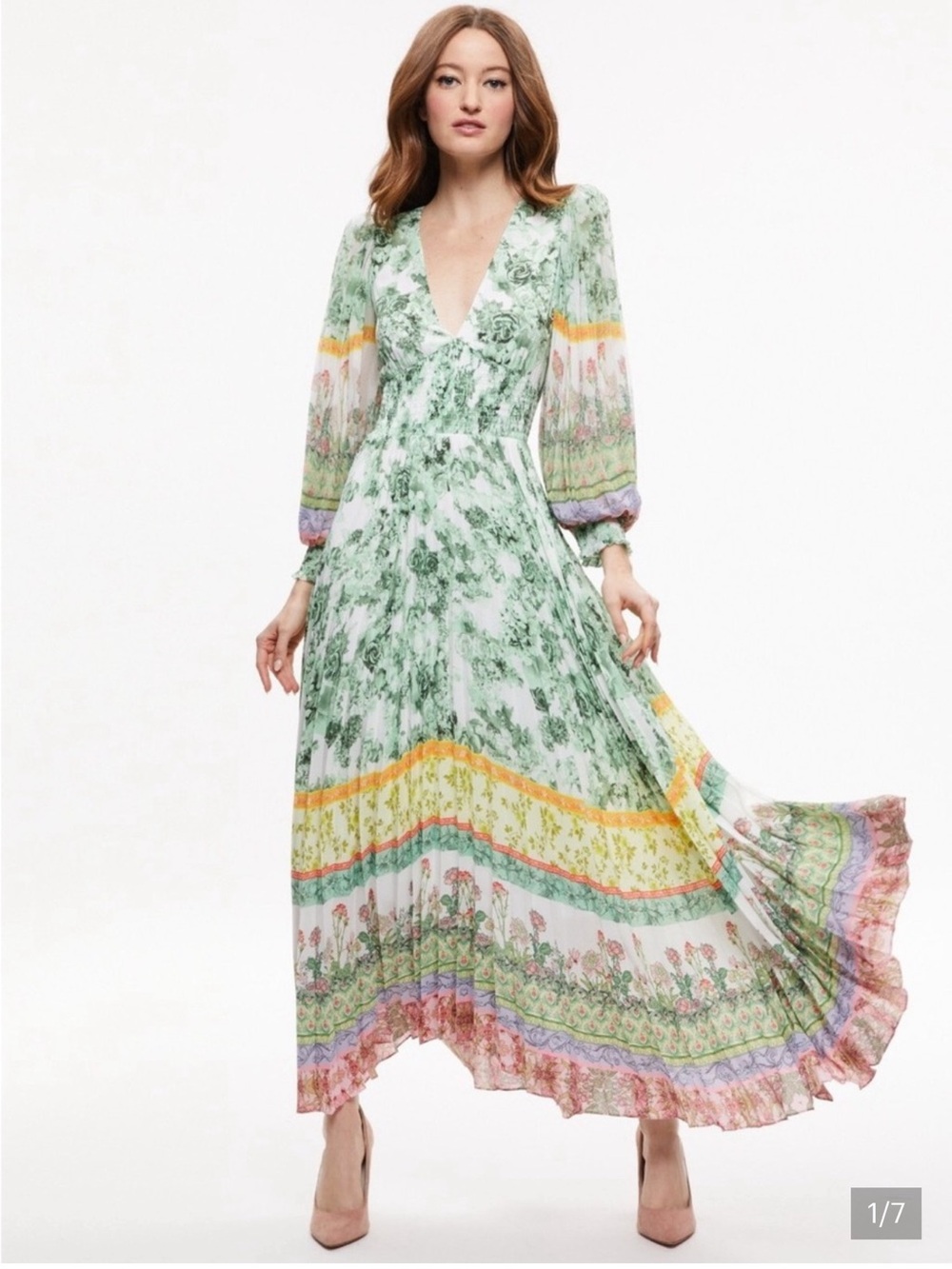 Alice + Olivia Green Multi Floral V-Neck Pleated Maxi Dress with Pastel Border